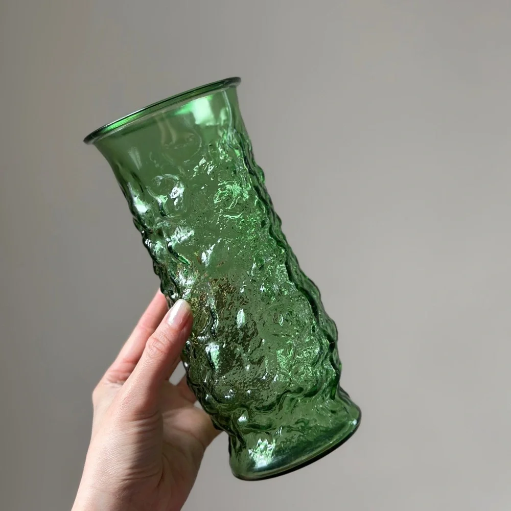 Vintage Green Glass Vase Textured Glass Flower Vase Mid Century Modern 70s
